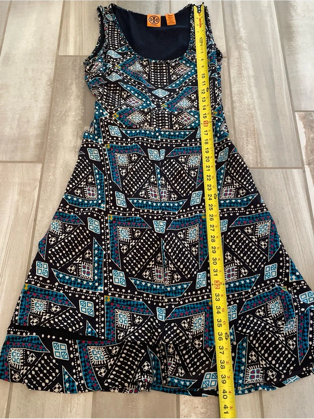 Tory Burch SZ 4 Camilla Dasha Geometric Print Silk Sleeveless Dress Ruffle Hem